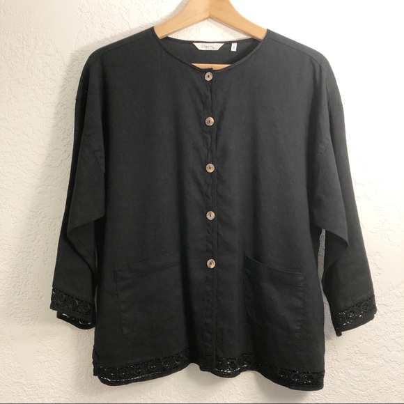 Kleen Linen Rayon Black Button Down Blouse - Picture 1 of 11